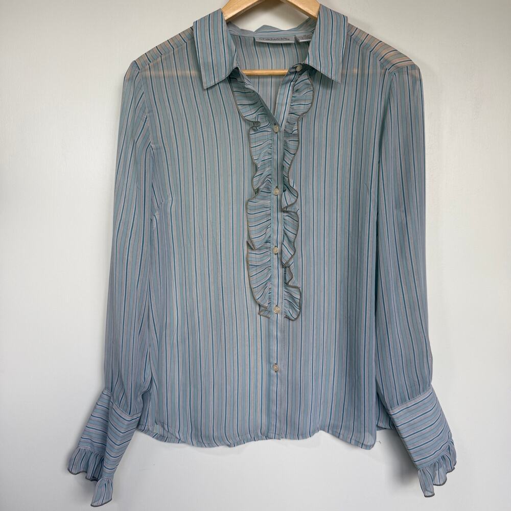 Chadwicks Sheer Striped Ruffle Blouse Vintage Blue Gray Button Up Shirt Size 14